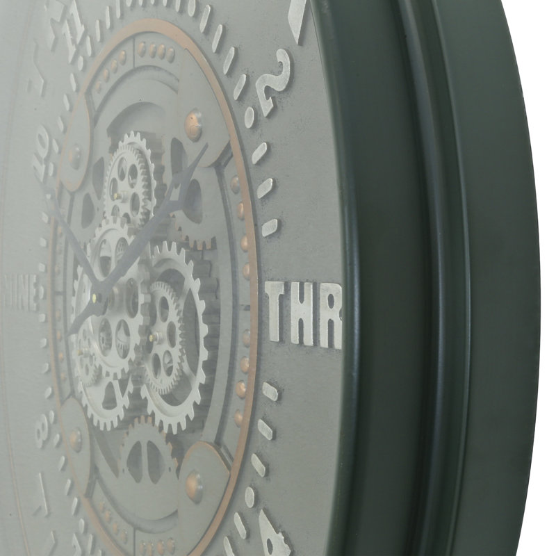 Large Black Metal Industrial Wall Clock with Open Moving Gears