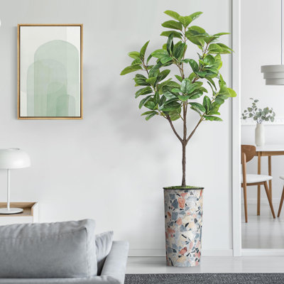 Artificial Tree in Gray Tan Watercolor Abstract Planter Fake Magnolia Tree