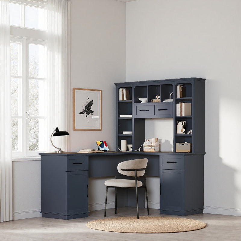 Bureau d'ordinateur en L avec 2 armoires et 2 tiroirs, 11 tablettes ouvertes, avec prise de courant, Bleu antique