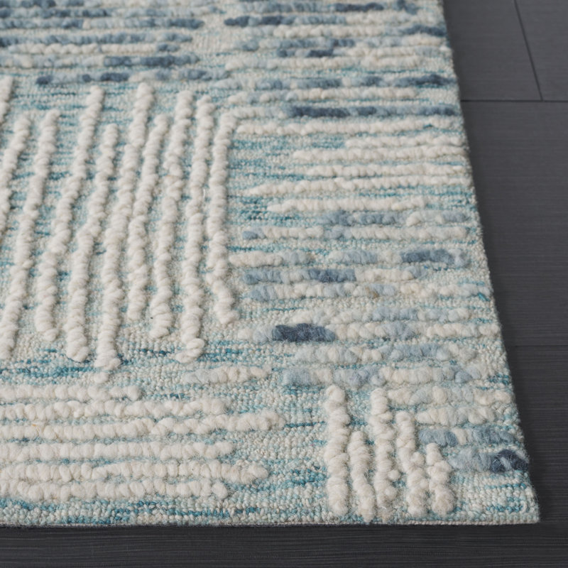 Weybossett Abstract Hand Tufted Wool Cotton Abstract Rug in Ivory/Blue, Runner 2'3" x 8'