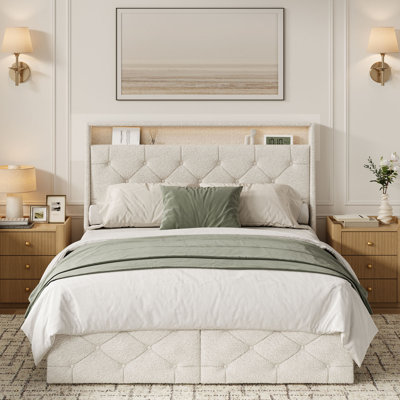 Queen Size Teddy Boucle Upholstered Platform Bed with 2 Drawers, Tufted Wingback Headboard & LED Lighting