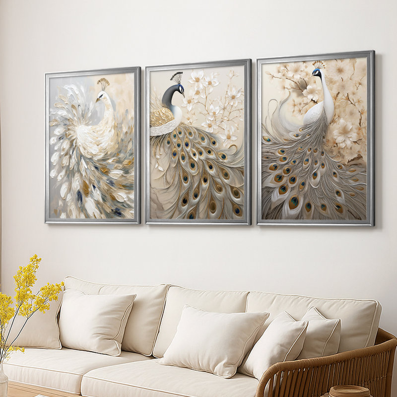 ANIMALS Series CCLV - Toile tendue avec châssis sur mesure - 3 pièces, H 21 po x l 30 po, Argent argent