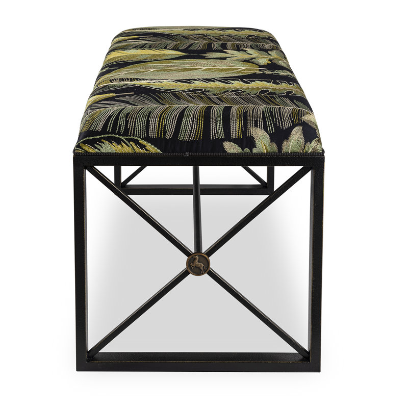 Medallion Upholstered Dining Bench, Forest/Black Crackle