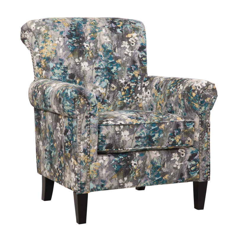 Cavedon Upholstered Accent Armchair with Silver Nail Trim, Wonderland Gray and Teal