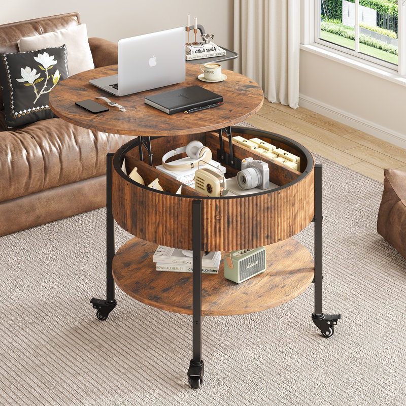 Round Coffee Table With Wheels, Brown