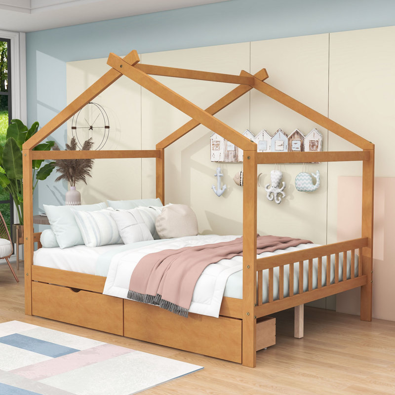 Lit plateforme House avec deux tiroirs, Naturel