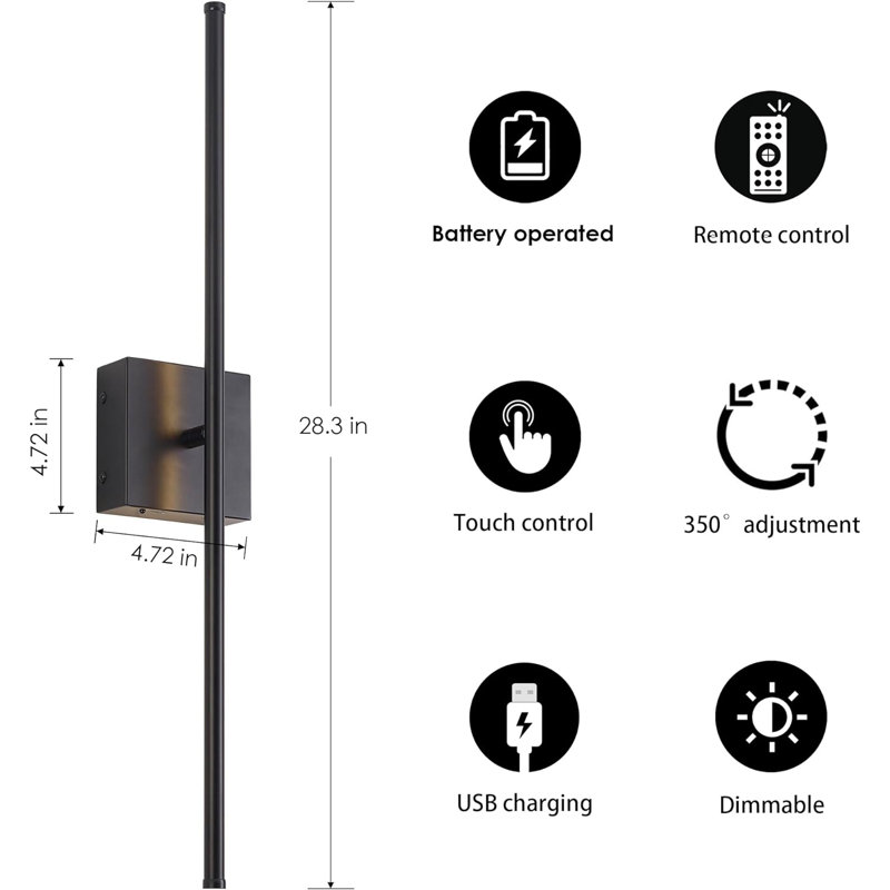 Battery Operated Wall Sconces with Remote Control, Dimmable Wall Sconces Set of Two, 350°Rotate, Matte Black