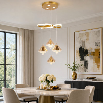 Modern 4-light Gold Led Pendant Light With Ribbed Glass & Silicone Rings
