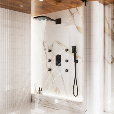 4-Function Wall Mounted Thermostatic Complete Shower System with 6 Body Jets and Rough-in Valve