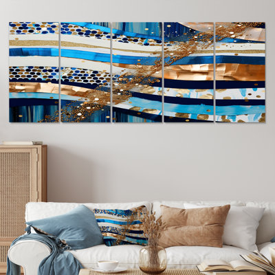 «Blue Sparkling Gold Current - Waves», art mural 5 pièces