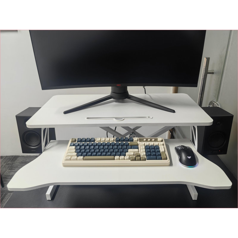 Convertisseurs de bureau, élévateur assis-debout réglable en hauteur, double écran et amp; Poste de travail pour ordinateur portable avec plateau à clavier large | Blanc | Bois aggloméré + métal