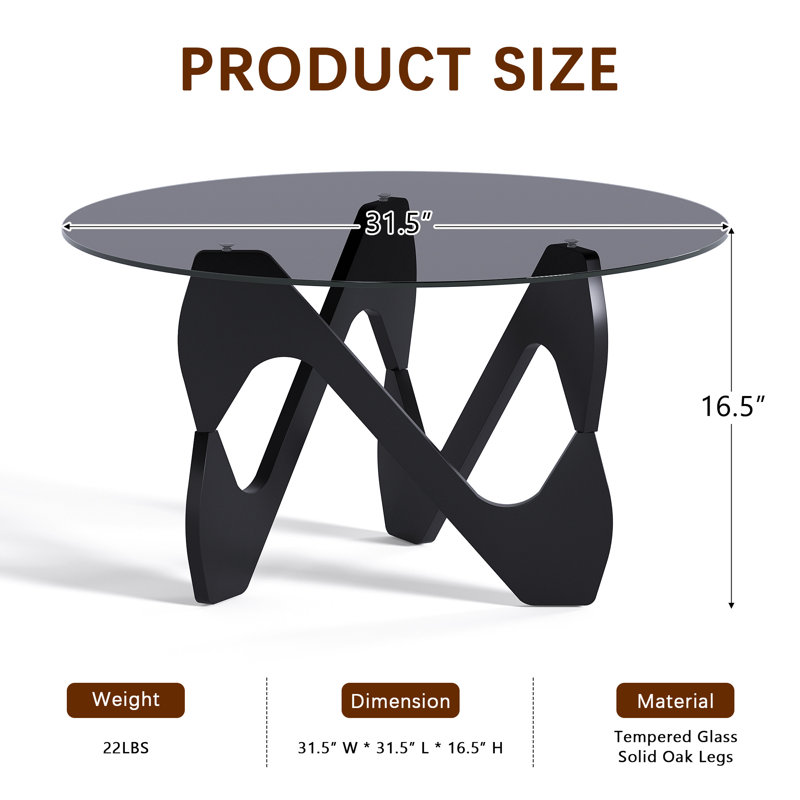 Round Coffee Table with Solid Wood Legs, Minimalist Table for Living Room, Smoked Top/Black Base