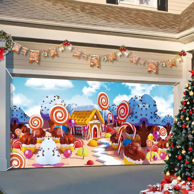 Couvre-porte de garage de Noël 16 x 7 pi, très grand fond à thème de terre de bonbon pour les fêtes et les fêtes en plein air