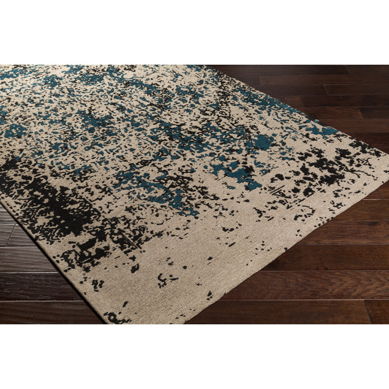 Tapis bleu sarcelle / gris foncé tissé à plat à la main Adney, Rectangle 4 pi x 6 pi
