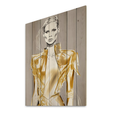 Everly Quinn High Fashion Model Sketch In Gold V On Wood Print | Wayfair