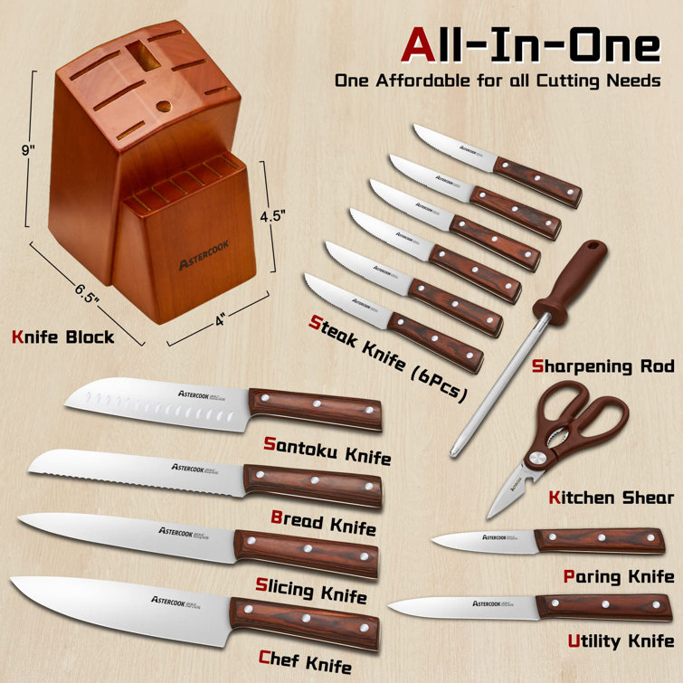 Astercook 15-Piece Knife Set with Block, Built-in Sharpener - German  Stainless S