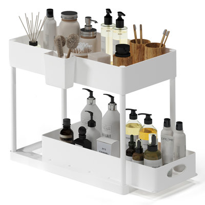StorageBud 2 Tier Non-Slip Grip Under Sink Organizer with Utility Hooks, Side Caddy & Sliding Drawer