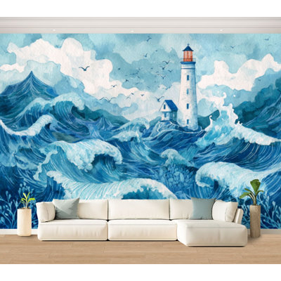 Wall Mural Peel and Stick Wallpaper Watercolor Ocean Scene Lighthouse Waves Sailboats beach Self-Adhesive Removable Contact Paper Wall Decor for Living Room Bedroom 100"H x 144"W