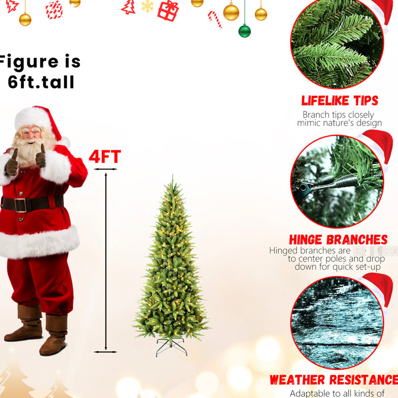 Arbre de Noël mince en forme de crayon de 7 pi avec 400 blancs chaleureux, 1180 pointes réalistes, lumières à DEL faciles à assembler, branches articulées pour espaces compacts, aspect complet