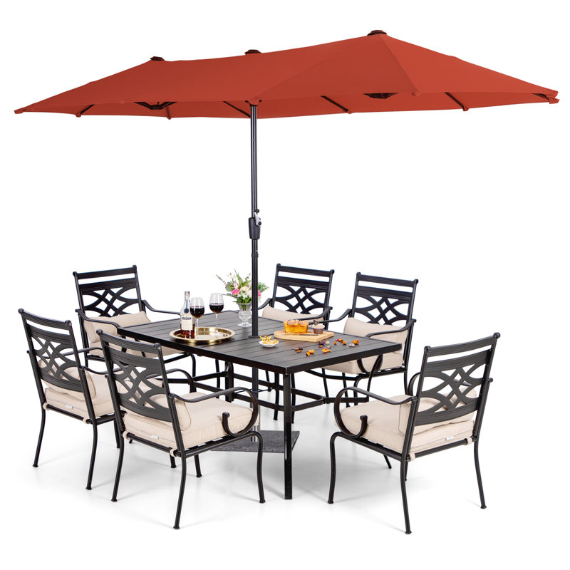 Ensemble repas d'extérieur rectangulaire pour 6 personnes avec parasol, coussins et coussins Aivo, Rouge