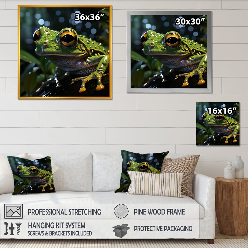 Mouvement de grenouille expressionniste sur toile, H 16 po x l 16 po x P 1 po, Cadre simple noir