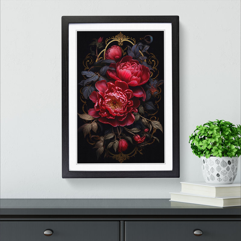 Peony Flower Gothic - Single Picture Frame Print on Wood, 46cm H x 34cm W x 2cm D, Black Framed