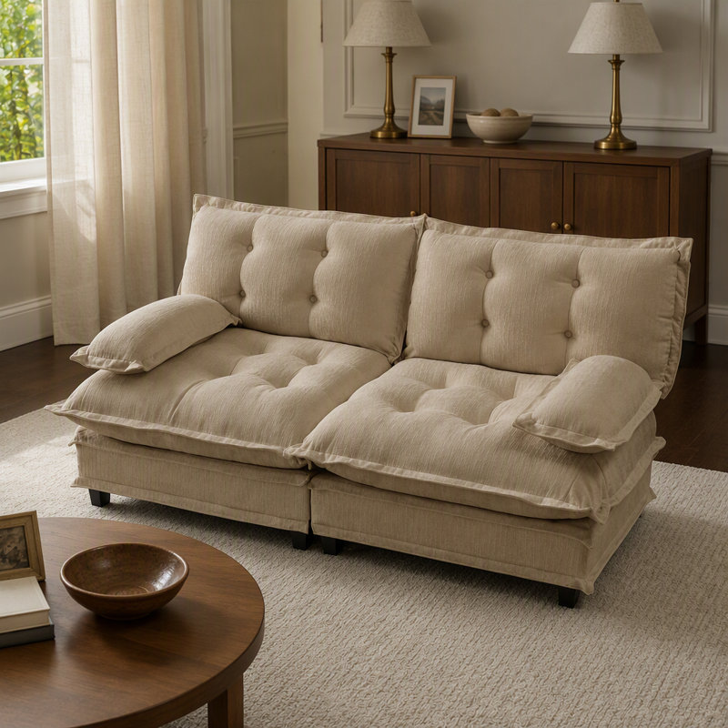 Canapé moderne deux places avec coussins à motifs ajourés, tissu chenille et design modulaire personnalisable pour salon et appartement