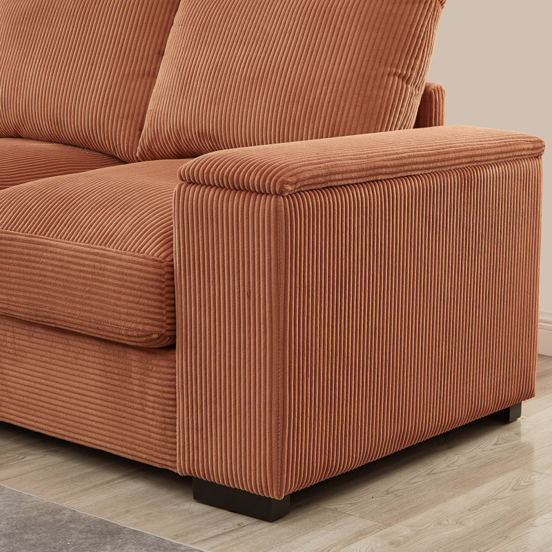 Canapé d'angle capitonné avec poufs amovibles, revêtement en velours côtelé, pieds noirs, canapé confortable avec poufs et rangement.