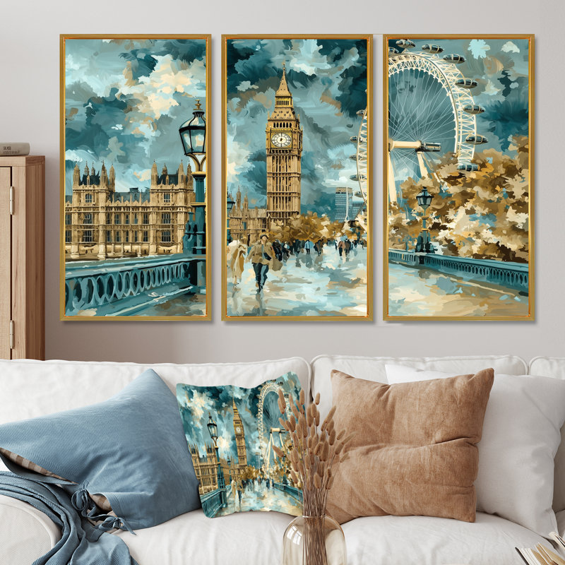 Big Ben et la grande roue de Londres II - Royaume-Uni, ensemble d'art mural, H 40 po x l 60 po, Doré