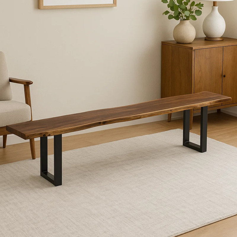 Banc de salle à manger 102 po Cid Xue, plateau rectangulaire brun à bord vif, métal noir, H 19 po x l 102 po x P 15 po
