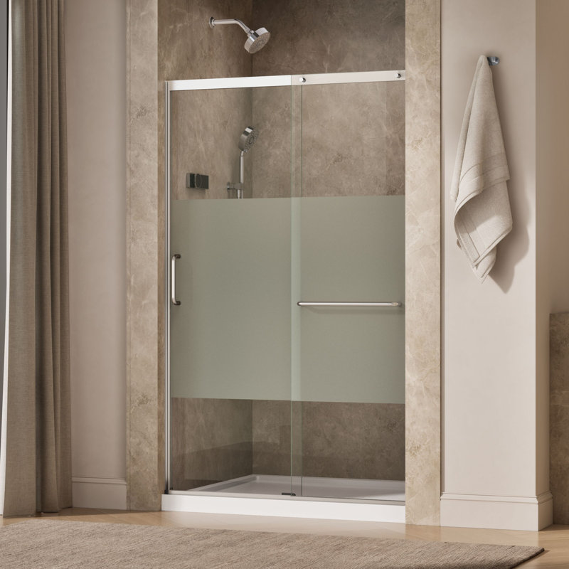 Elate Tall Sliding Shower Door, 75-1/2-In H X 50-1/4 - 53-5/8-In W, With Heavy 5/16-In Thick Crystal Clear Glass With Privacy Band