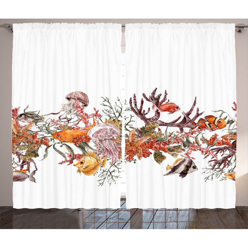 Sea Animals Semi-Sheer Rod Pocket Curtain Panels, 54" x 96"