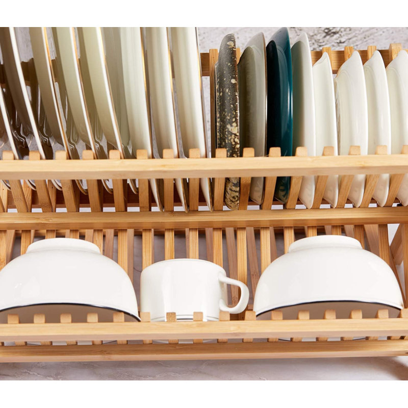 Égouttoir à vaisselle en bambou avec porte-ustensiles, égouttoir à vaisselle pliable en bois, grand séchoir pliant à 3 niveaux pour comptoir de cuisine