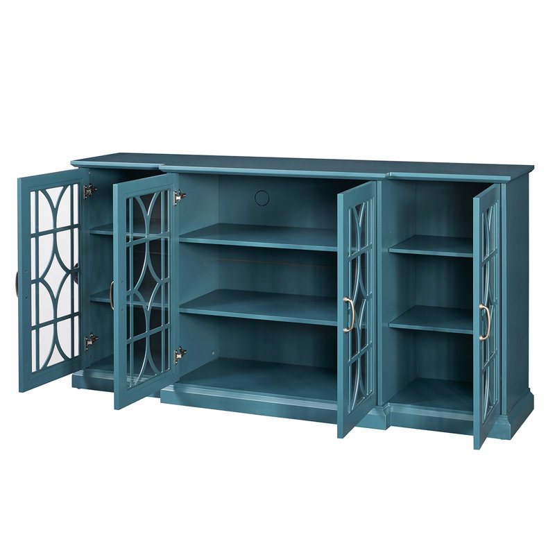 Meuble télé 63 po bleu turquoise - Grand espace de rangement, 4 portes avec 6 tablettes réglables, poignées rétro, style classique, finition lisse.