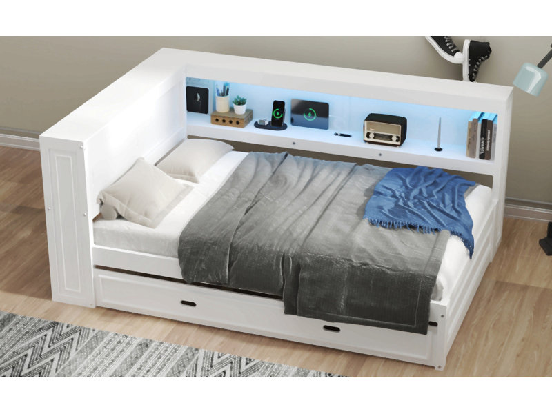 Full Size Wood Daybed With Storage Shelves, USB, LED, And Trundle, White