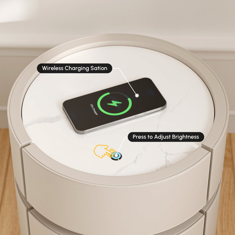 Saddle Leather Round Bedside Table With Sintered Stone Top, Led Light & Wireless Charging