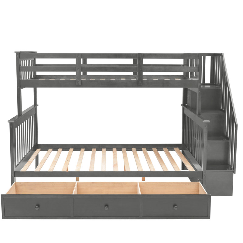 Lit superposé à escalier gris avec tiroir et rangement. Sécuritaire pour le plaisir de la famille. Taille simple. Pour chambre à coucher, dortoir. Rangement en bois massif gris. Convient aux adultes. Pieds en pin. Assemblage requis