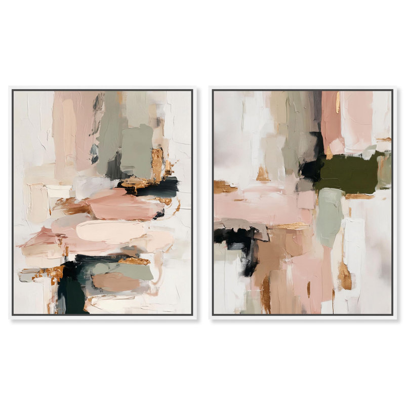 Ensemble de 2 décorations sur toile abstraites japonaises, Art japonais, 20 x 24, Cadre blanc, H 25 po x l 21 po