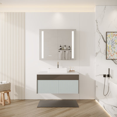 Modern 36" x 30" LED Bathroom Mirror/ Medicine Cabinet with Dimmable Tri-Color Light, Anti-Fog Demister, IP44 & Adjustable Shelves