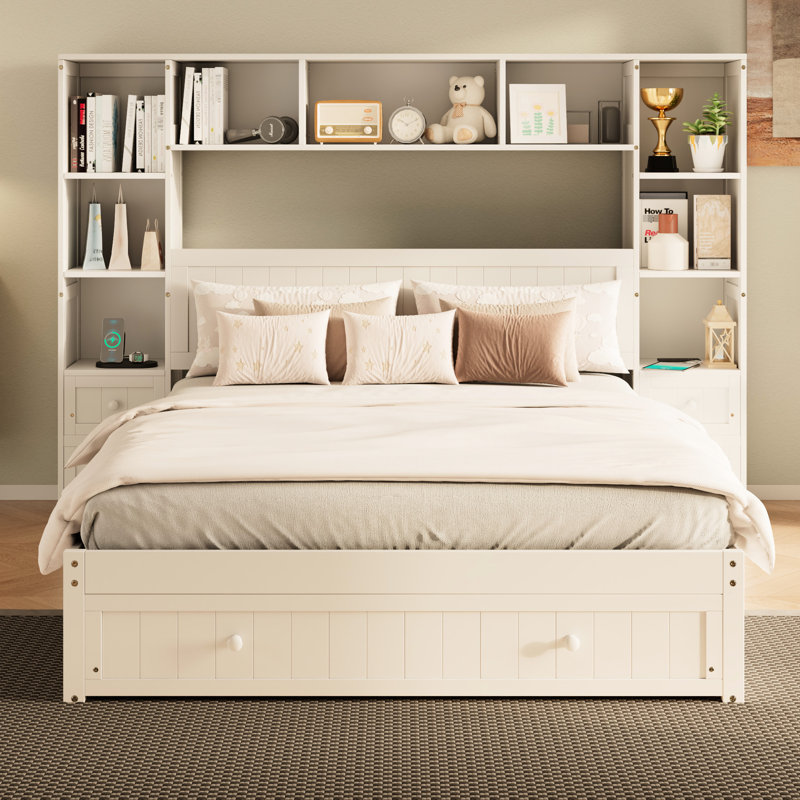 Lit plateforme en bois de pin avec table de chevet intégrée, armoire de rangement, bibliothèque, 3 tiroirs et 2 stations de recharge, plan d'extension de chambre à coucher tout-en-un, blanc