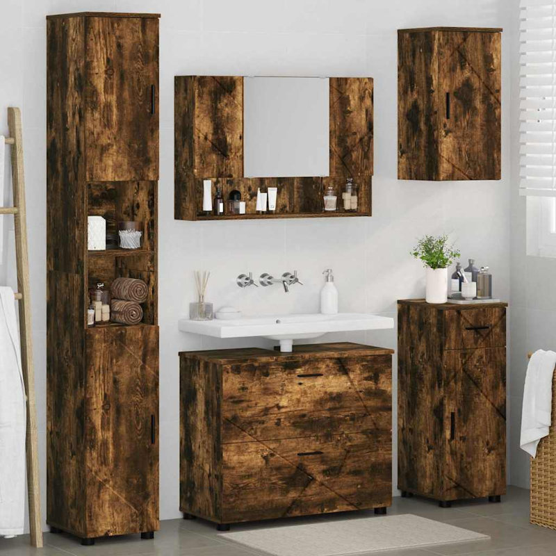 Wall Mounted Required Bathroom Storage Furniture Set, Smoked Oak