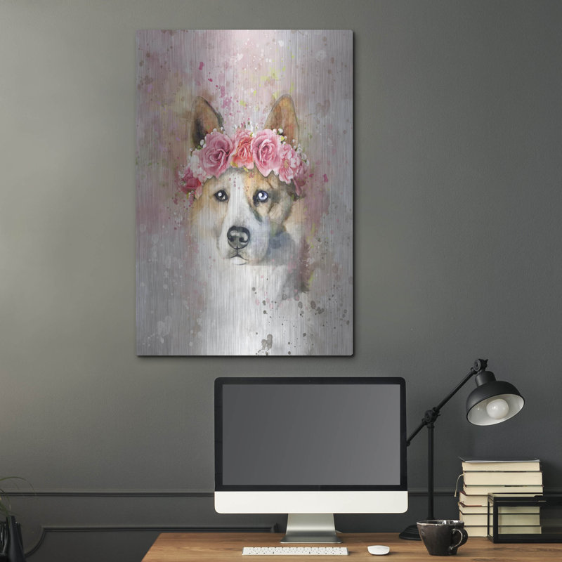 Art mural en métal Red Barrel Studio® «Flower Crown Akita» par Furbaby Affiliates, H 36 po x l 24 po