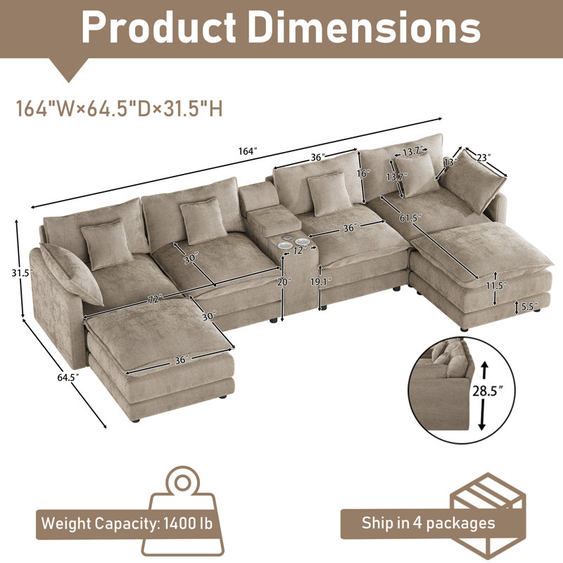164"W Upholstered Sectional Sofa Cloud Couch With Cup Holders, USB Ports & Storage Console, Light Brown
