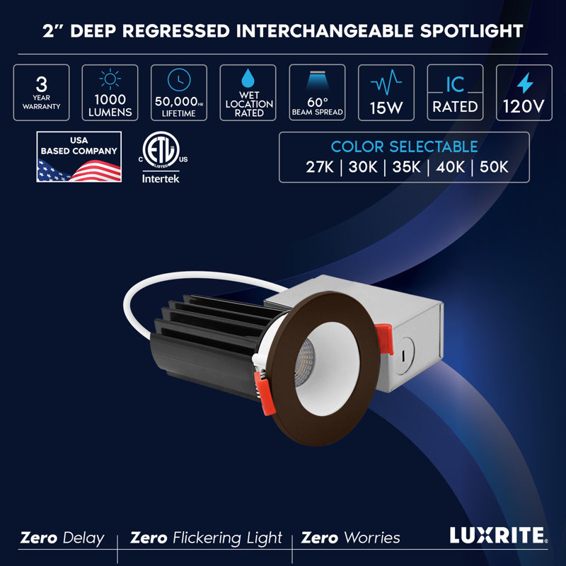 Ensemble de 2 po LUXRITE Éclairage encastré à DEL, lumière Canless à régression profonde, garniture interchangeable ronde en bronze, 5 tcc, 1000 lm, 15 W, CRI80, à intensité variable