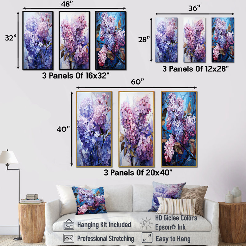 Lilacs Organic Flow Grace - lilas, ensemble de 4 reproductions d'art sur toile, H 40 po x l 60 po, Cadre flottant noir