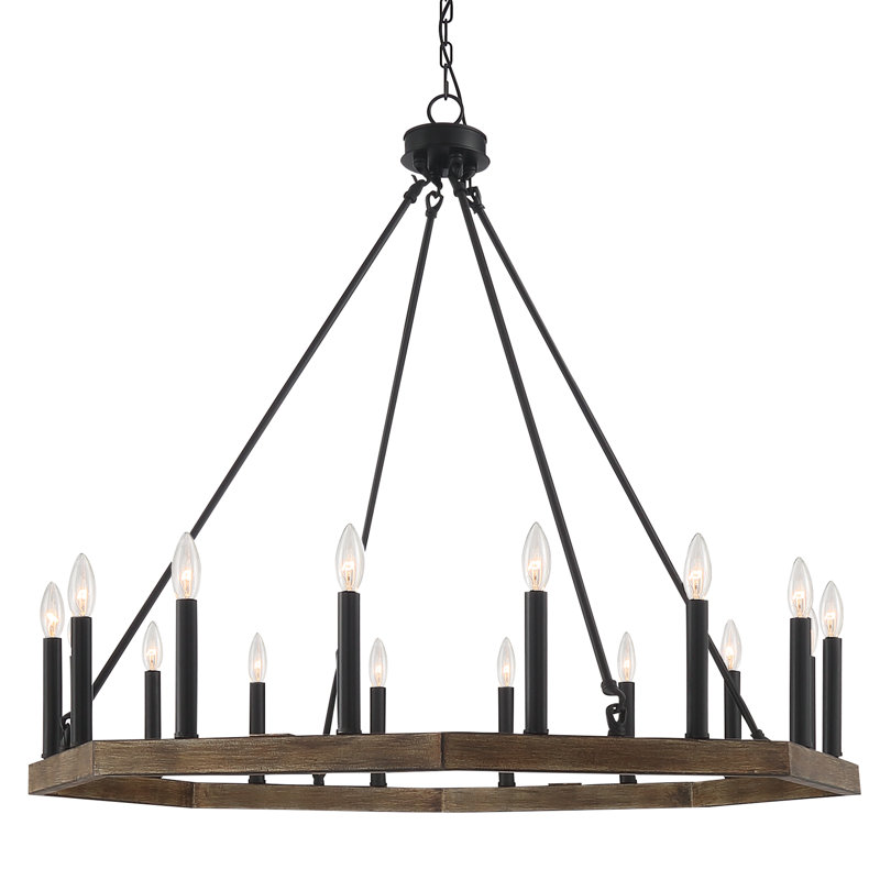 Vredenburgh 16-Light Wagon Wheel Candle Style Chandelier, California Walnut/Classic Black