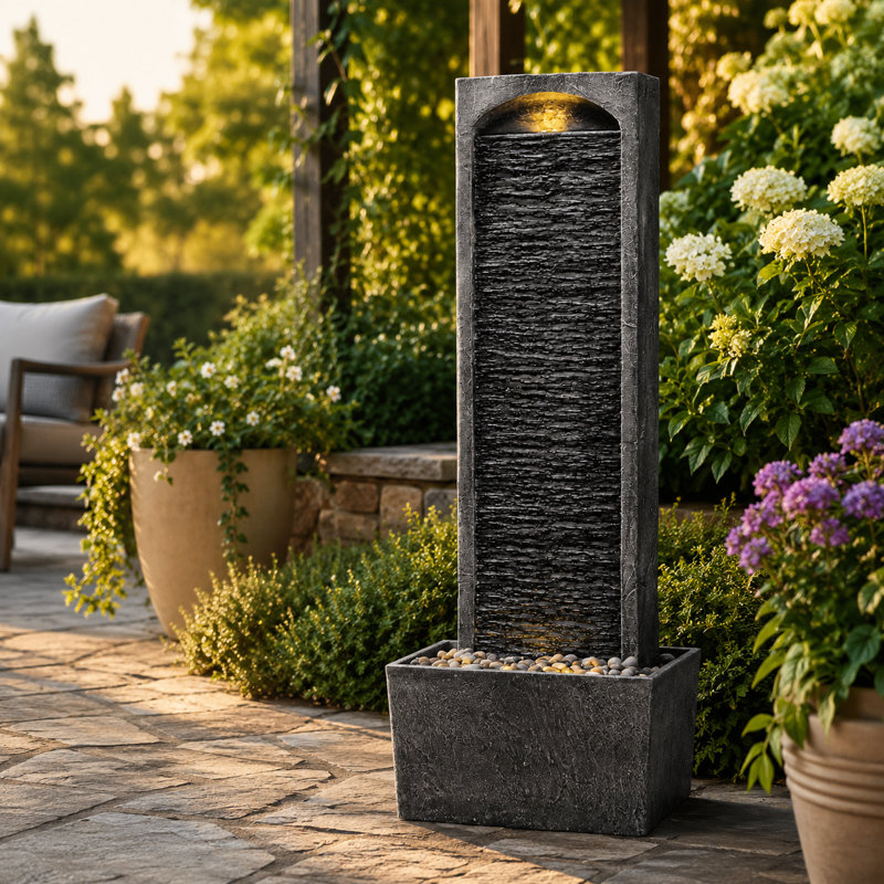 Column Fountain with Lights, Grey