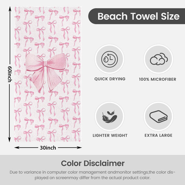  Serviette de plage légère en microfibre, absorbante sans décoloration, 30 po x 60 po, damas bleu, Imprimé arc rose