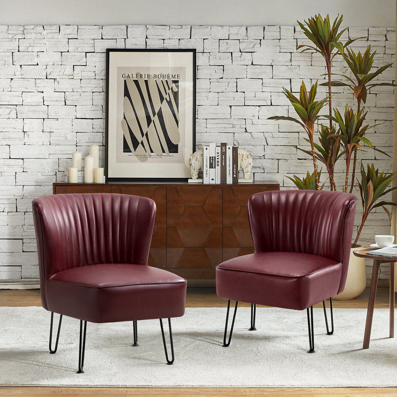 Euclid 26" W Faux Leather Tufted Side Chair With Metal Base, Burgundy Faux Leather