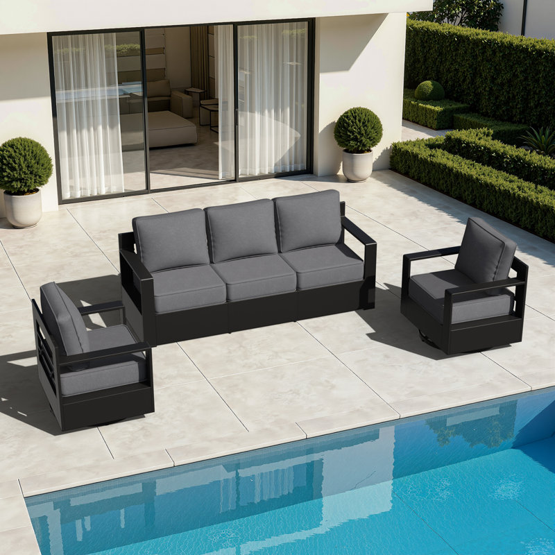Ensemble de patio extérieur en aluminium 3 pièces avec canapé 3 places, chaises pivotantes et coussin gris, Gris